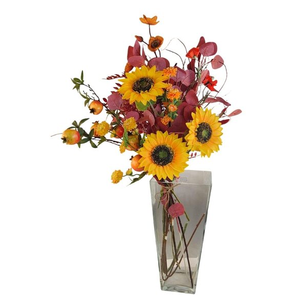 Artificial Fall Floral Arrangement Sunflowers Persimmon Red Foliage Yellow Accen - Picture 2 of 15